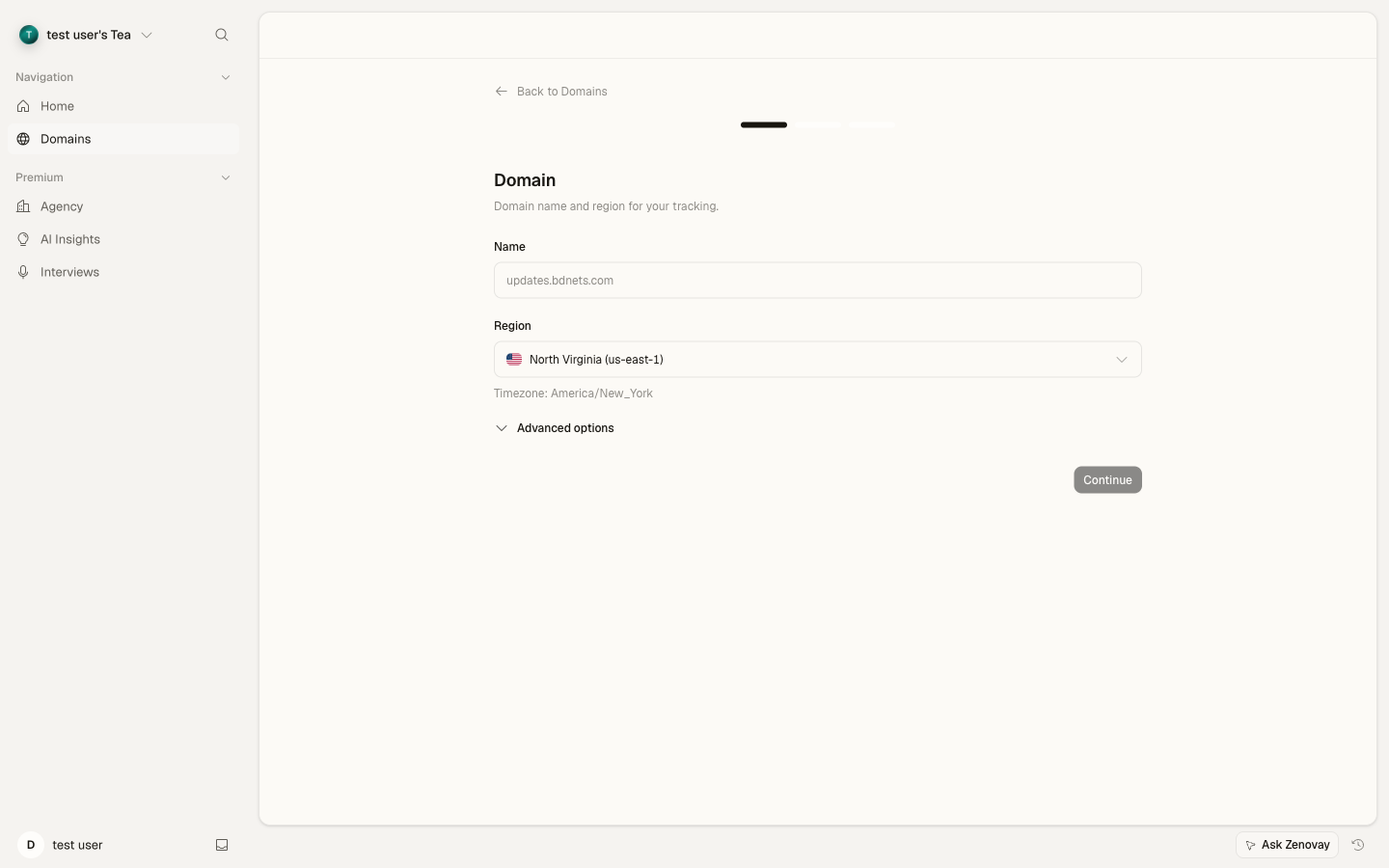 Add domain form with name and domain fields