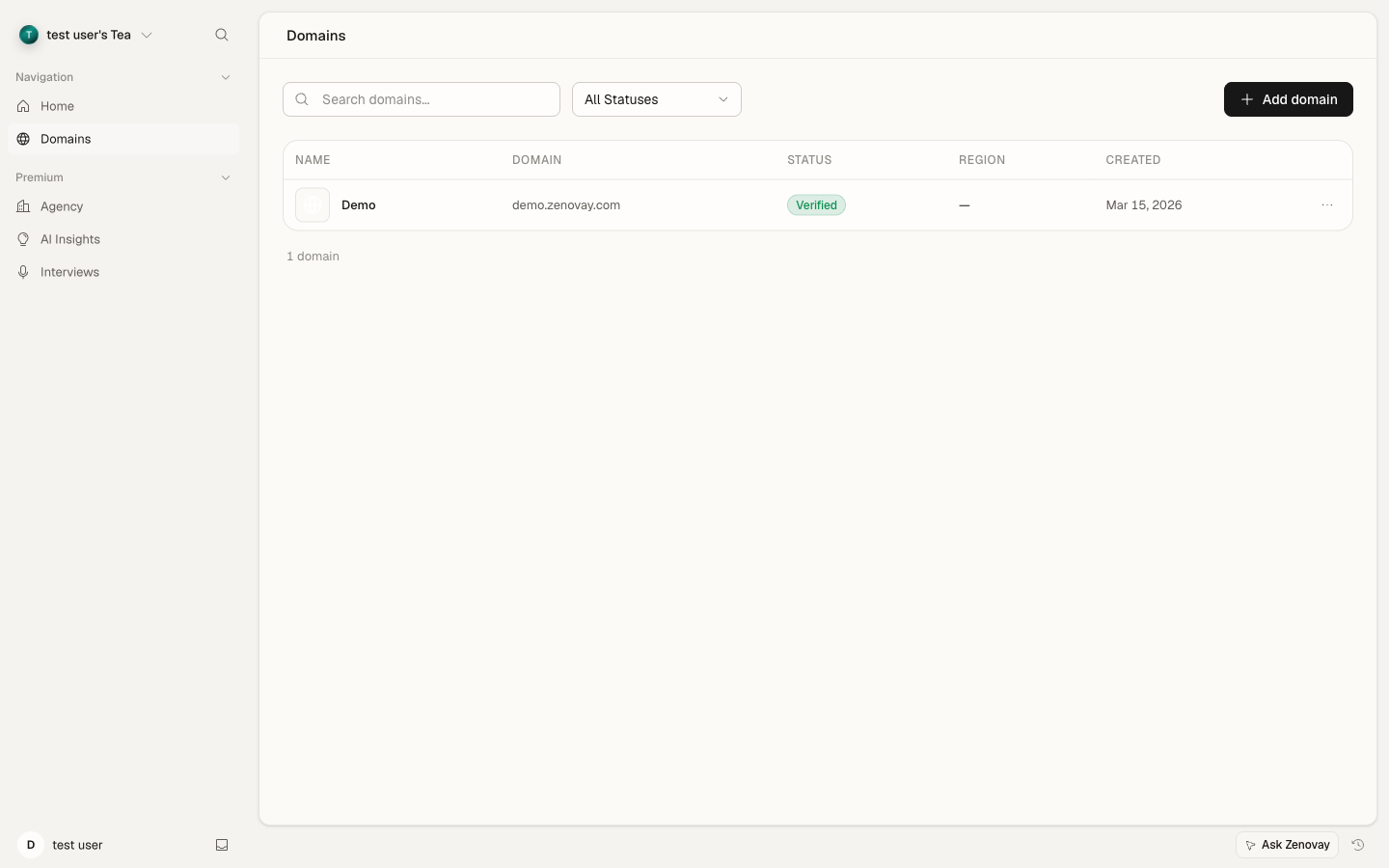 Domains list with the Add domain button
