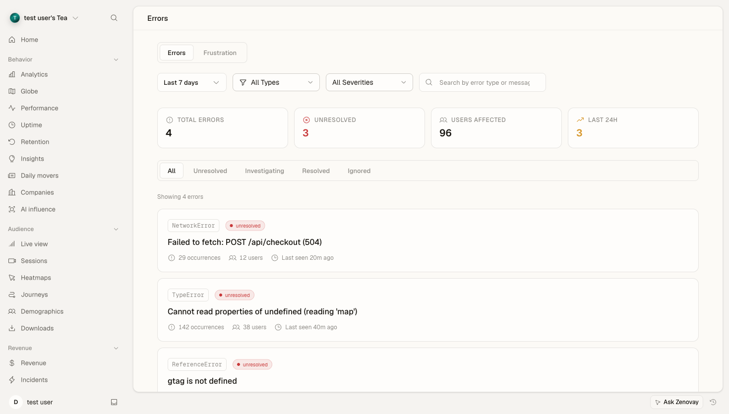 Zenovay Errors dashboard grouping JavaScript and network errors with occurrence counts and affected users.