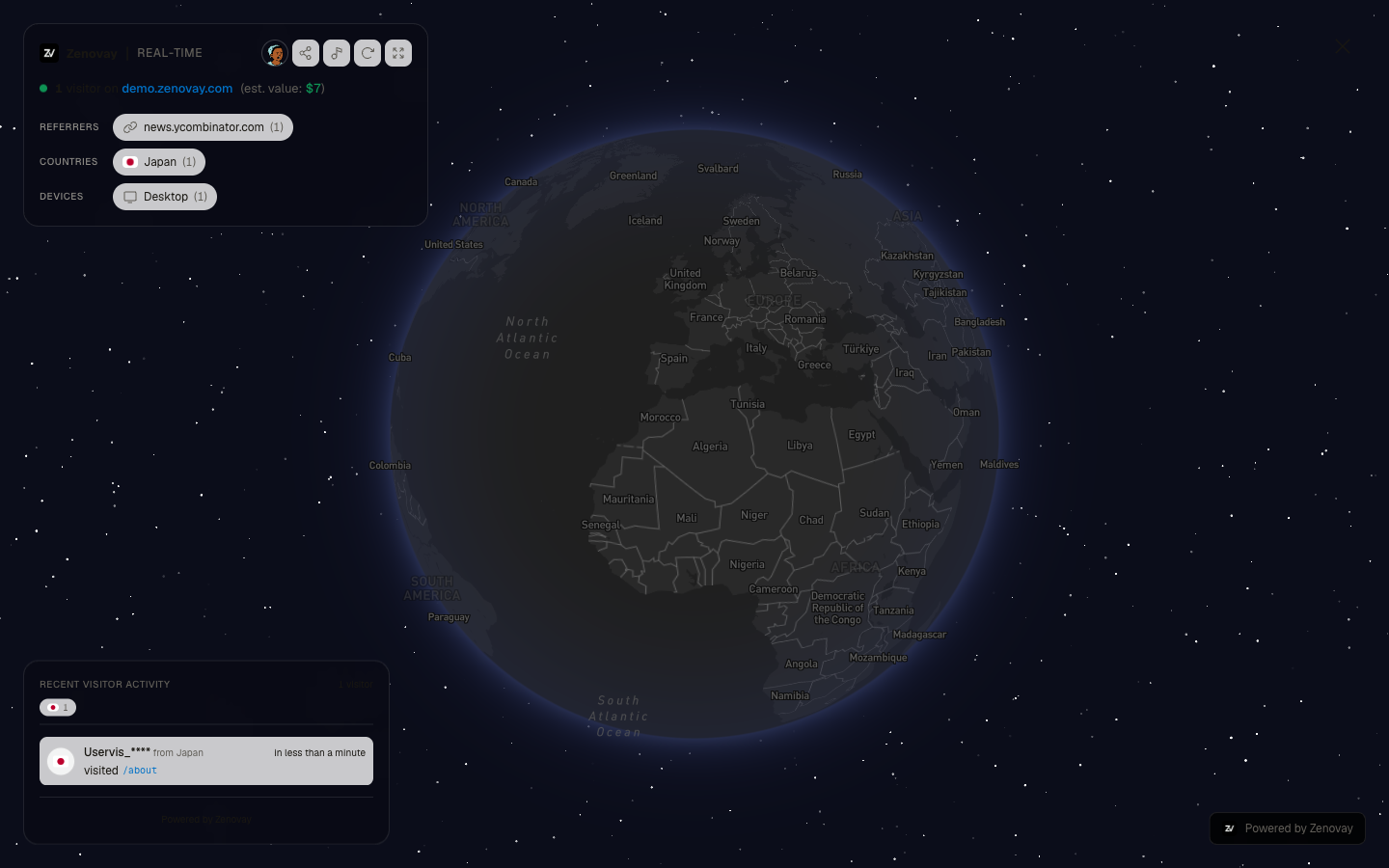 Real-time 3D globe showing live visitor locations