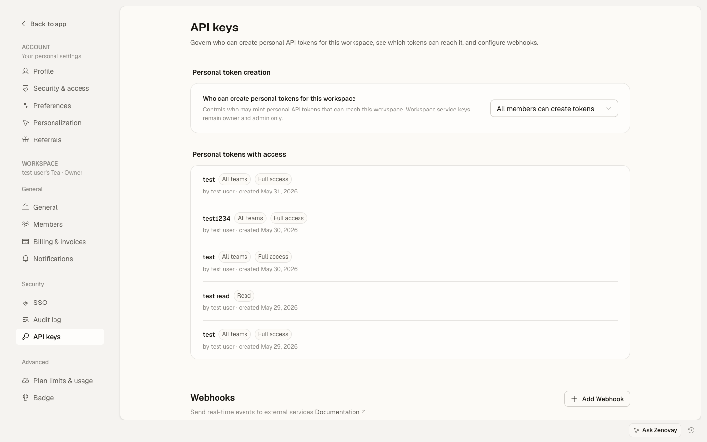 Settings → Security → API keys page showing the Webhooks section
