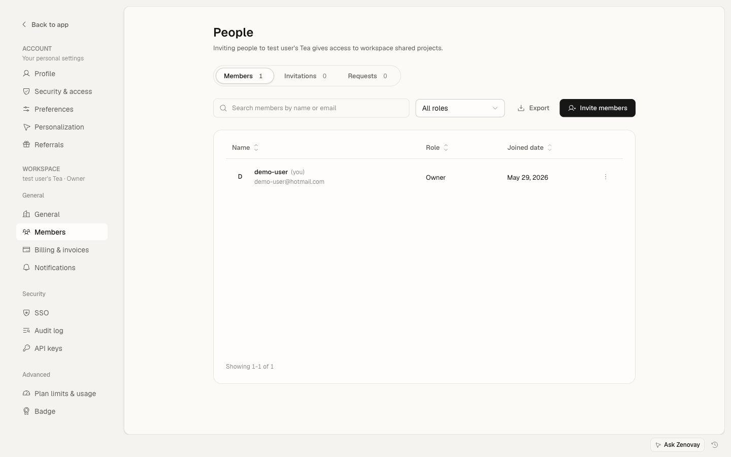 Settings → Workspace → Members page showing the team member list and Invite Member button